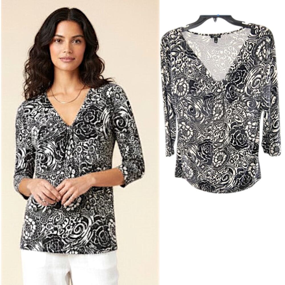 Talbots Floral Stretch Knit Top Women's Size L Black White 3/4 Sleeve V Neck